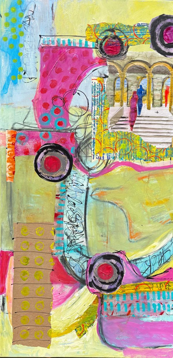 Colorful abstract painting with architectural arches and human silhouettes.