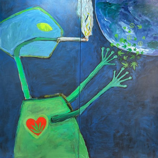 Green alien smoking, reaching towards Earth with cannabis leaves and peace symbols.