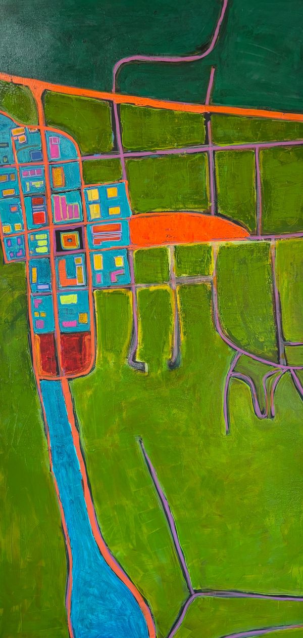Abstract map-like painting with vibrant colors and geometric shapes.
