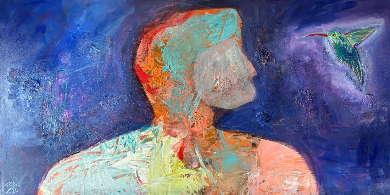Abstract painting of a figure facing a hummingbird against a deep blue background.