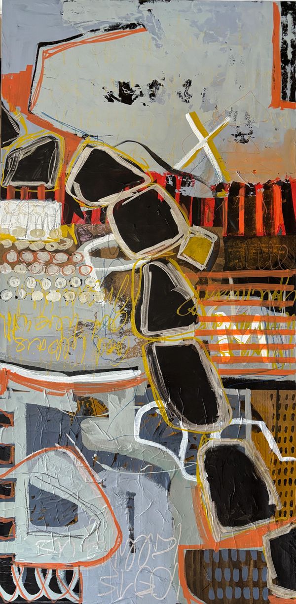 Abstract painting with bold black shapes and vibrant orange and yellow accents.