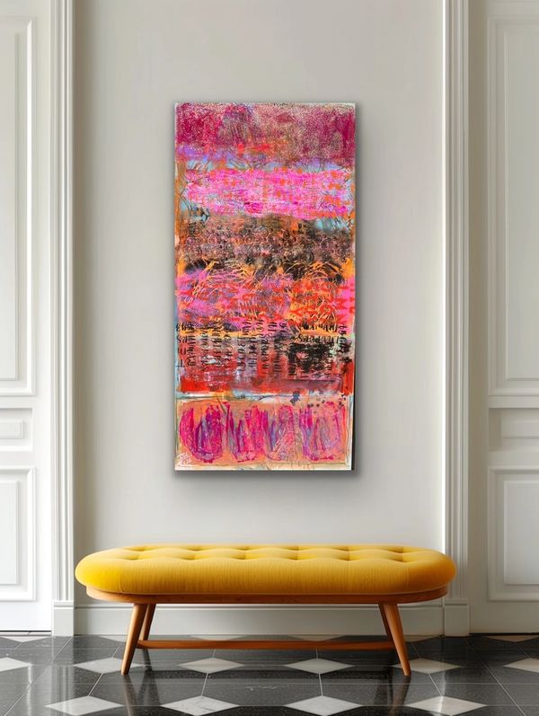 Abstract colorful painting with vibrant pinks, reds, and oranges above a yellow tufted bench.