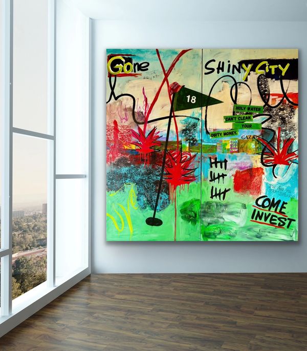 Colorful abstract painting with text and symbols hanging in a modern room.