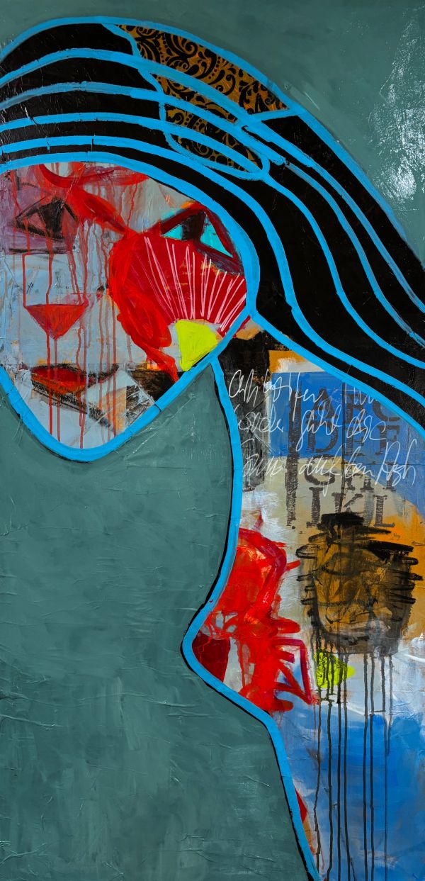 Abstract painting of a human profile with expressive colors and shapes.