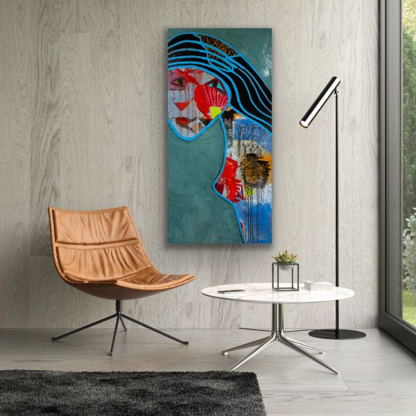 Modern room with abstract art and minimalist furniture.