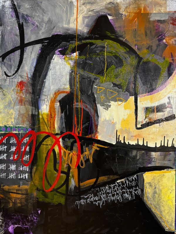 Abstract painting with vivid colors and dynamic shapes.