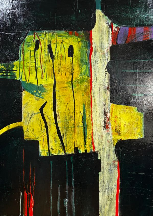 Abstract painting with bold yellow, black, red, and green shapes.