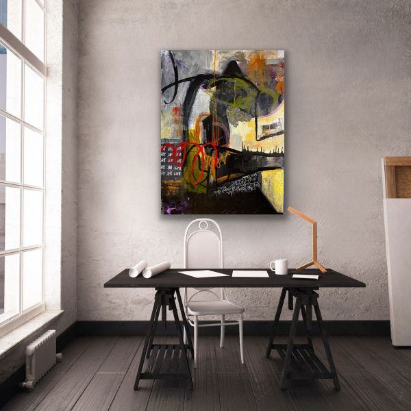 Abstract painting hangs above modern desk in minimalistic room.