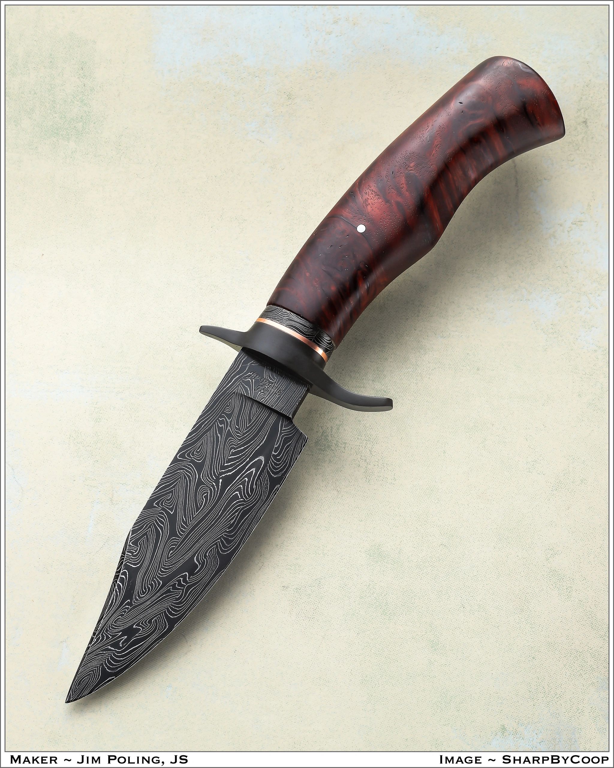 Bowie
1084/15N20 Four-Bar Twist Damascus Blade
Parkerized Steel Hilt and Copper Spacer
Red Gum Handl