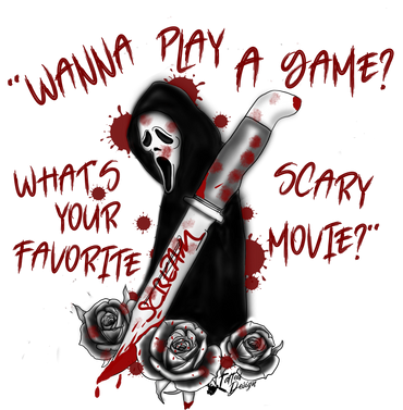 Scream-themed horror design with Ghostface, bloody knife, and roses.
