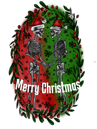 Two skeletons in Santa hats holding hands with a festive wreath and Merry Christmas text.