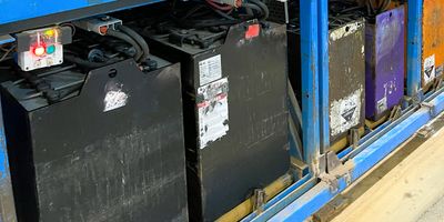 Forklift batteries in racking pose risk management and safety compliance challenges.