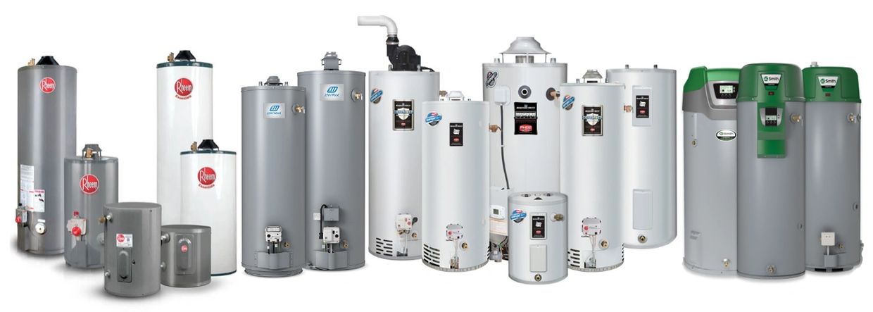 Several brands of hot water heaters displayed in a row.
