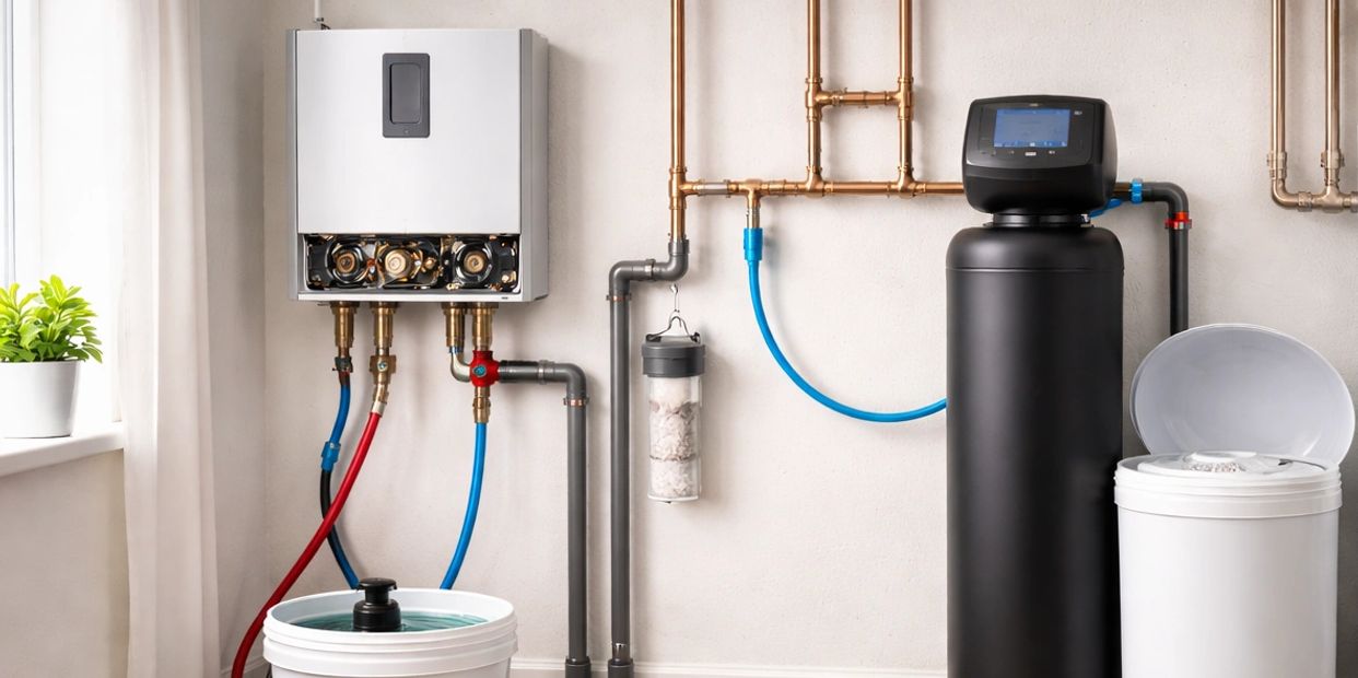 Tankless water heater mounted on wall currently being serviced in residential home in Calgary, AB