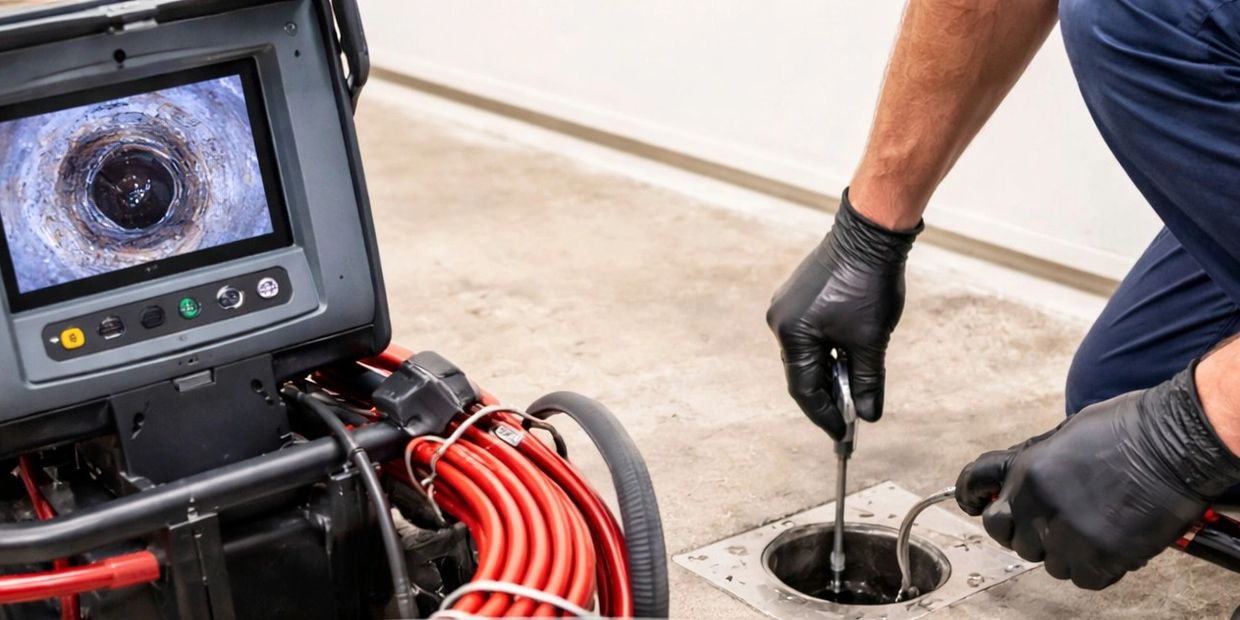 Plumber performing sewer camera inspection identifying pipe blockages in Airdrie property