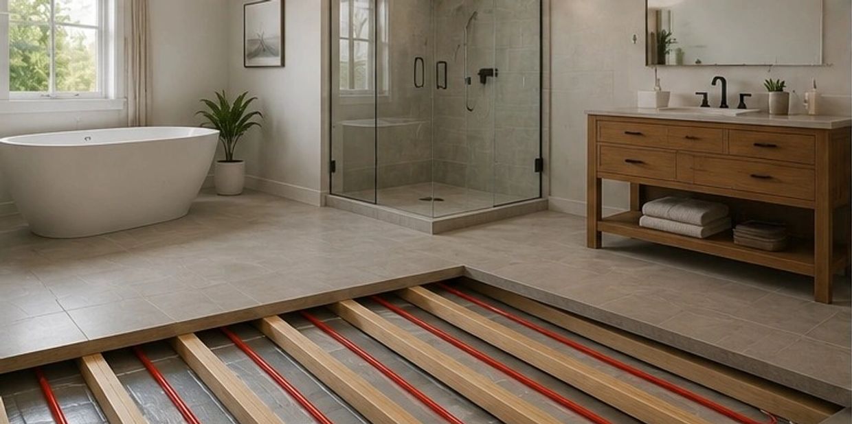 Radiant floor heating system installed beneath bathroom flooring using joist space tubing layout