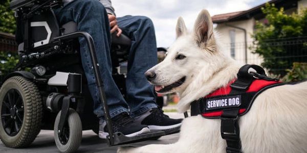 A white shepherd with a service dog harness laying next to his handler who is in a wheelchair