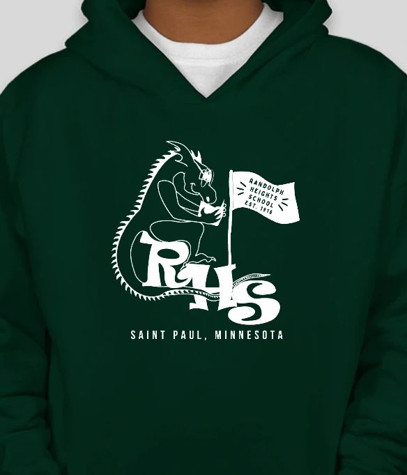 Dark green hoodie with a white dragon logo and text for Randolph Heights School, Saint Paul, Minnesota.