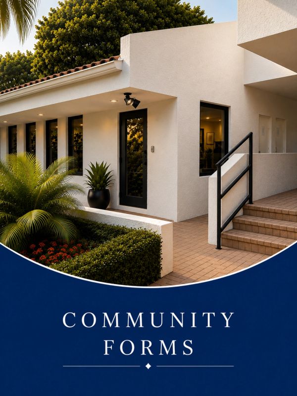 Modern building entrance with community forms text.