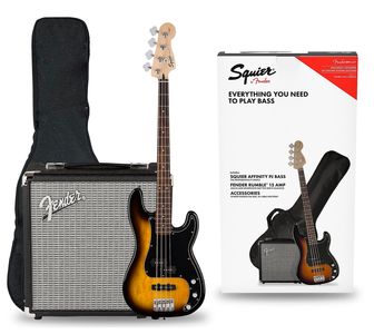 Squier bass guitar starter kit with amp and gig bag.