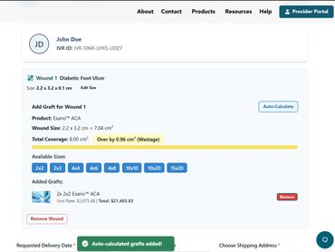 Curagenesis interface showing diabetic foot ulcer graft details and costs.