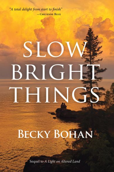 Book cover of "Slow Bright Things" by Becky Bohan with a sunset background.