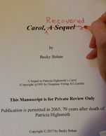 Hand holding a pen over a manuscript titled "Carol, A Sequel" by Rocky Bohm.