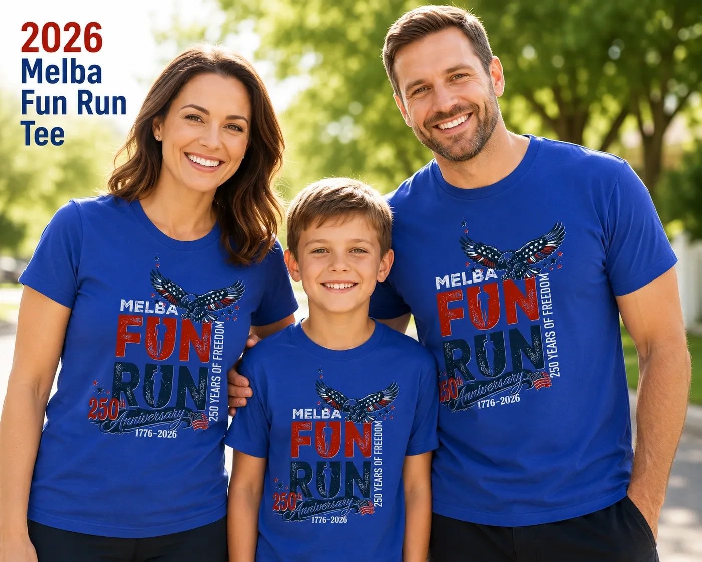 Family wearing matching blue Melba Fun Run 2026 t-shirts outdoors.
