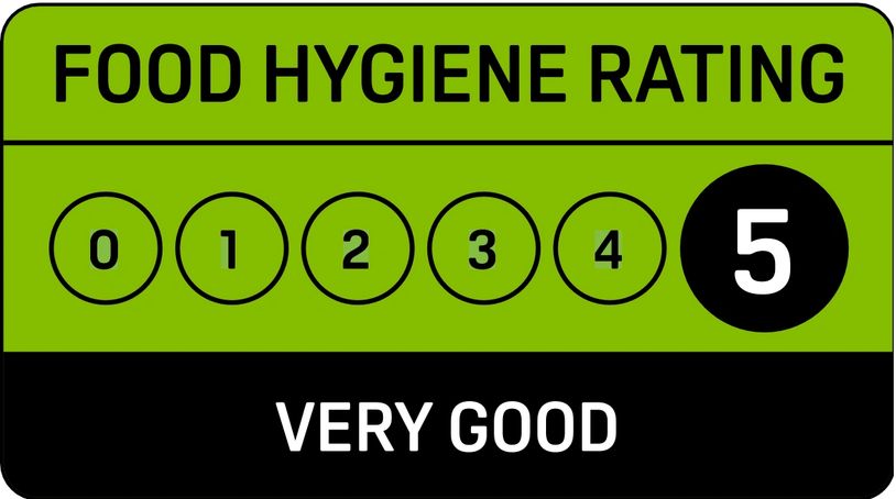 Food hygiene rating sign showing a top score of 5, labeled 'Very Good'.