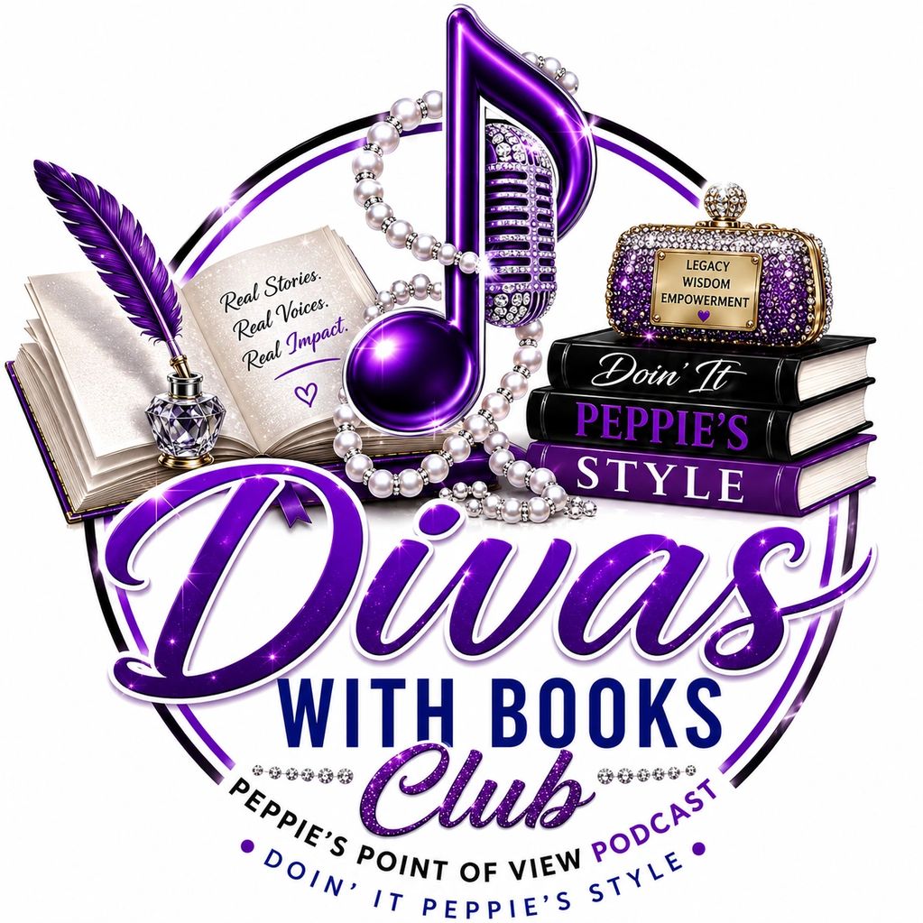 Elegant logo for Divas with Books Club featuring purple musical note and books.
