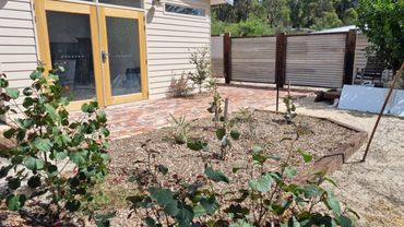 Newly planted jarrah garden bed next to a house with glass doors and brick patio.
