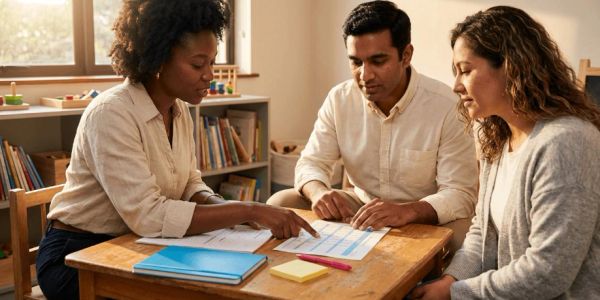 Parents reviewing information with a school professional during a collaborative meeting.