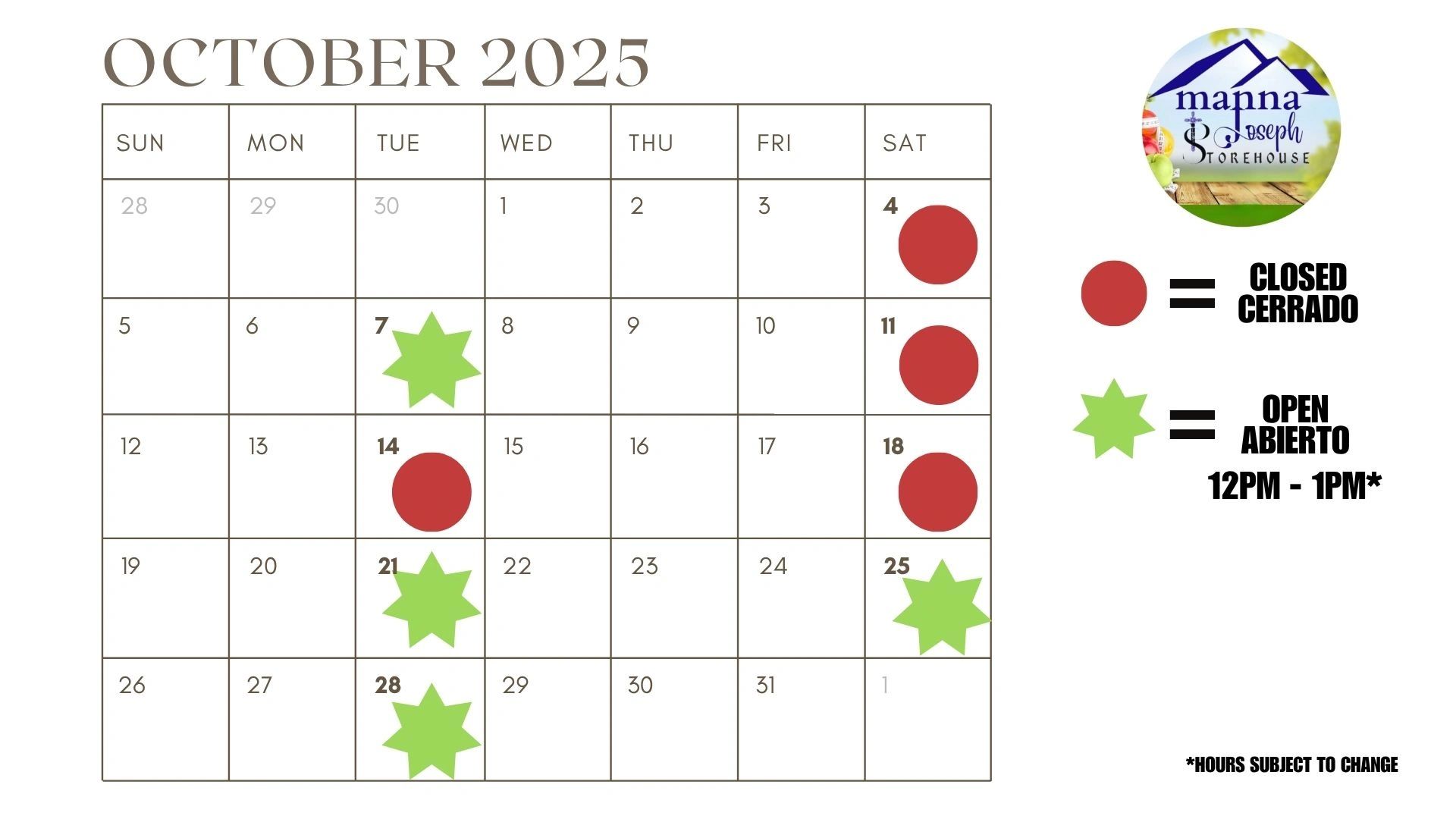 Manna Joseph Storehouse October 2025 Open Days/Hours Schedule