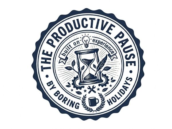 Vintage stamp with an hourglass and text about productive pause.