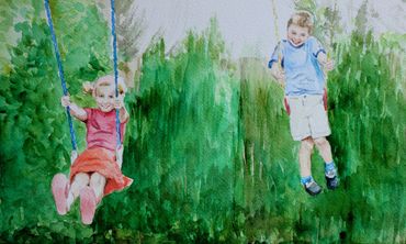 Lily and Carl swing, racing, Lily & Carl, Watercolor on paper