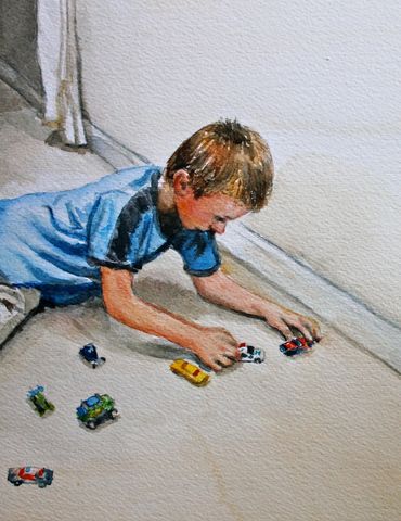 Carl plays with cars alone, Lily & Carl, Watercolor on paper