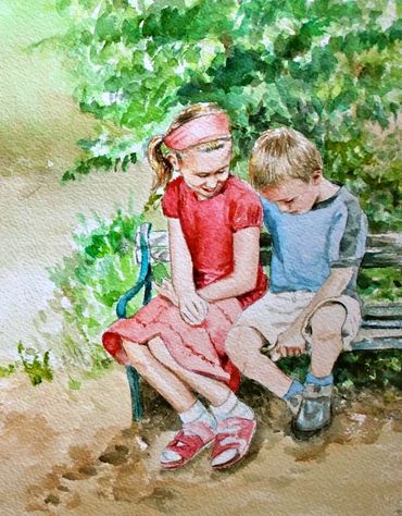 Lily and Carl sit together, Lily & Carl, Watercolor on paper