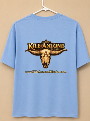 Light blue T-shirt with Kile Antone Music logo and website.