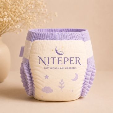 Purple and white Niteper baby diaper with moon and stars design.