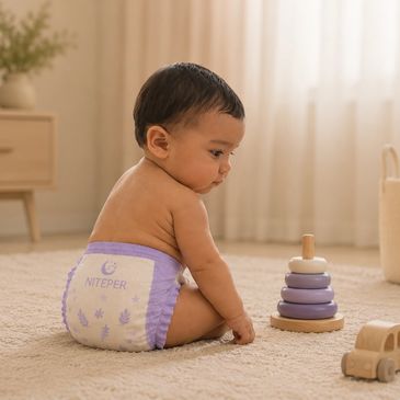 Baby sitting on carpet wearing a diaper, playing with a toy stack.