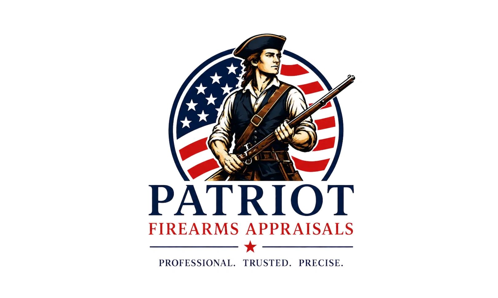 Logo of Patriot Firearms Appraisals with a colonial soldier and American flag.