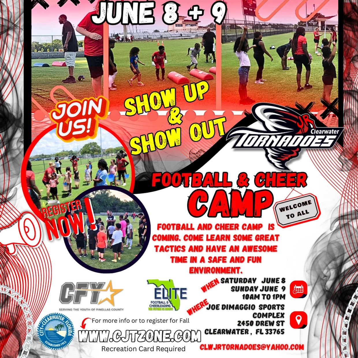 Jr. Tornadoes Football & Cheer Camp on June 8-9 for kids with fun drills and activities.