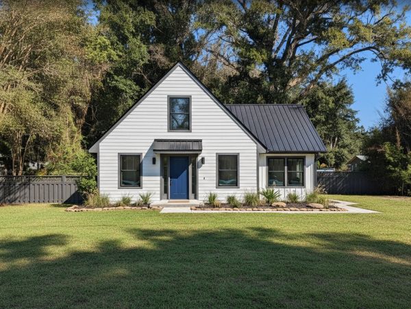 Small white house with a blue door and metal roof.