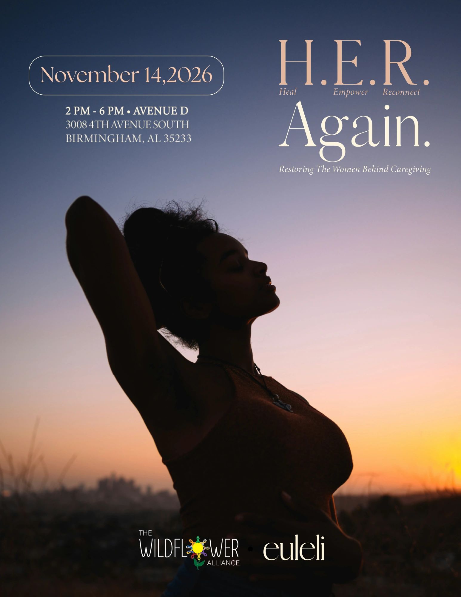 Event poster for H.E.R. Again on November 14, 2026, in Birmingham, AL.