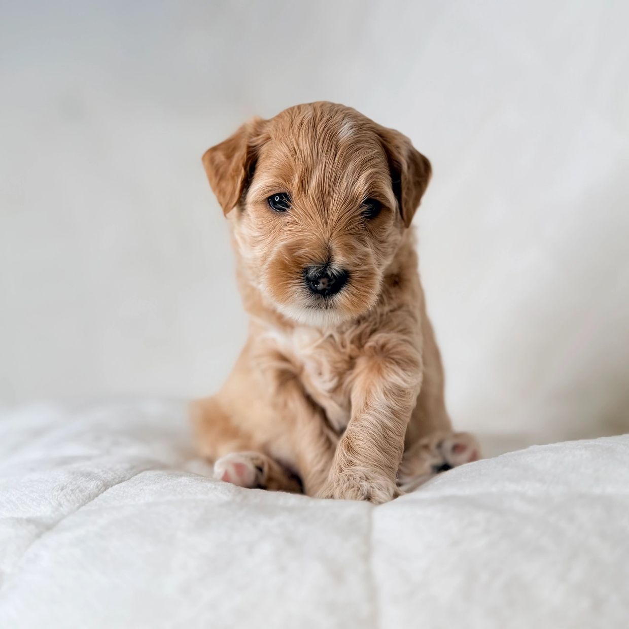 Adorable brown puppy sitting on a white blanket.