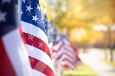 Close-up of several American flags lined up outdoors on a sunny day.