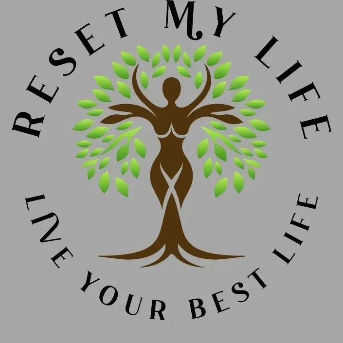 Logo showing a woman-tree figure with the words 'RESET MY LIFE' and 'LIVE YOUR BEST LIFE'.