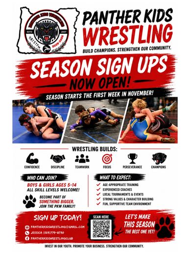 Panther Kids Wrestling season sign-ups poster with key info and images.