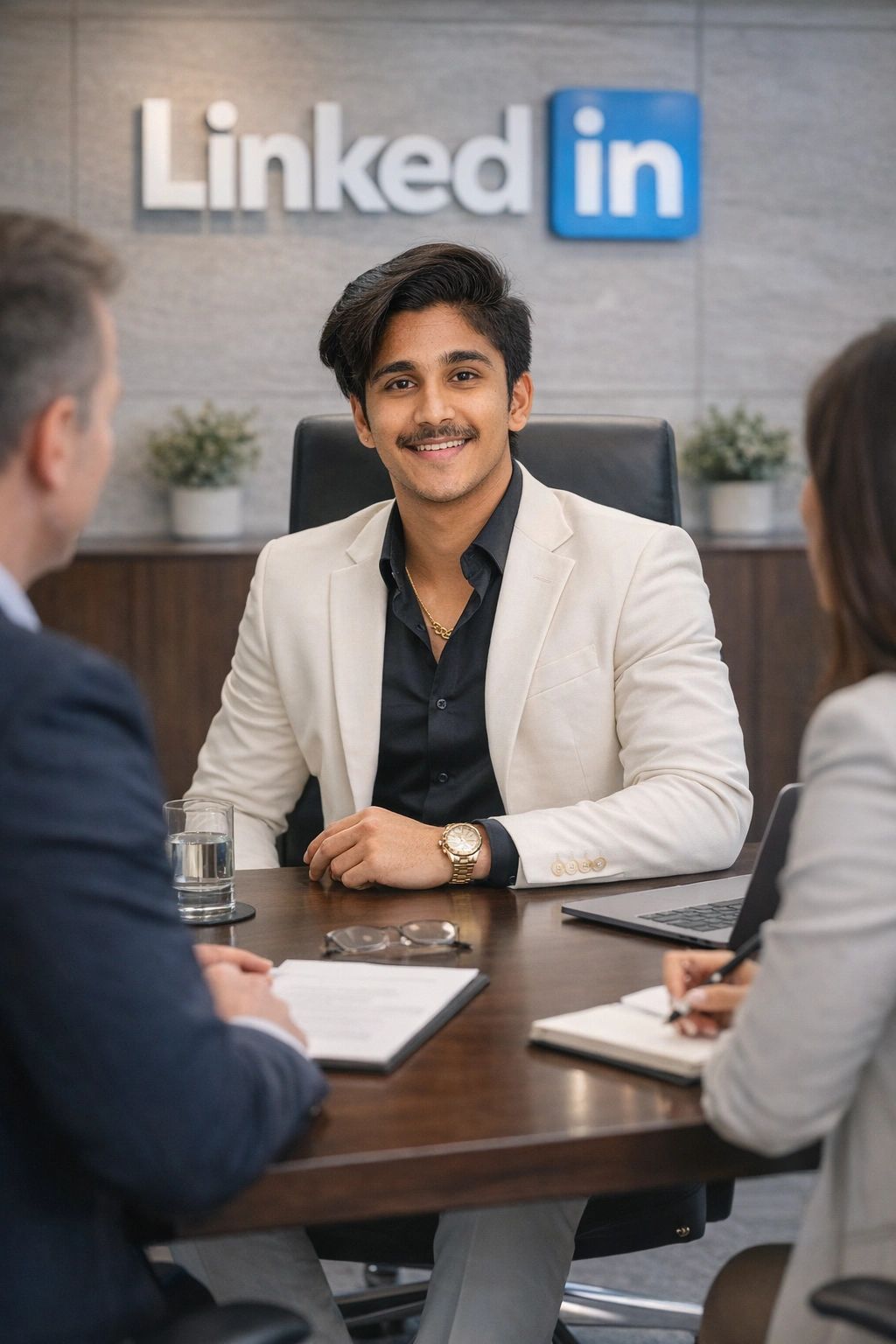 Young man in a beige blazer smiling during a LinkedIn interview.