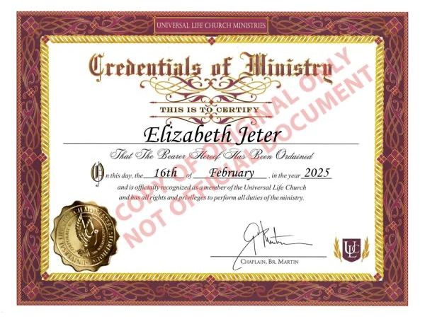 Shaman Lizzy ordained minister